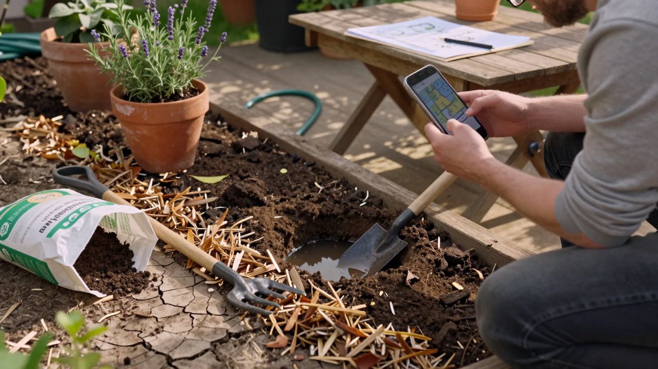 Homem a usar smartphone junto a uma horta com ferramentas de jardinagem e um saco de terra aberta.