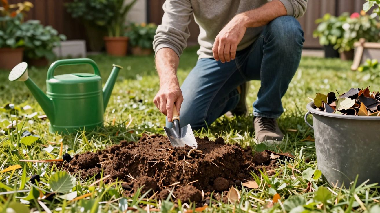 Pessoa a jardinar com uma pequena pá, ao lado de um regador verde e um balde de folhas, num jardim.