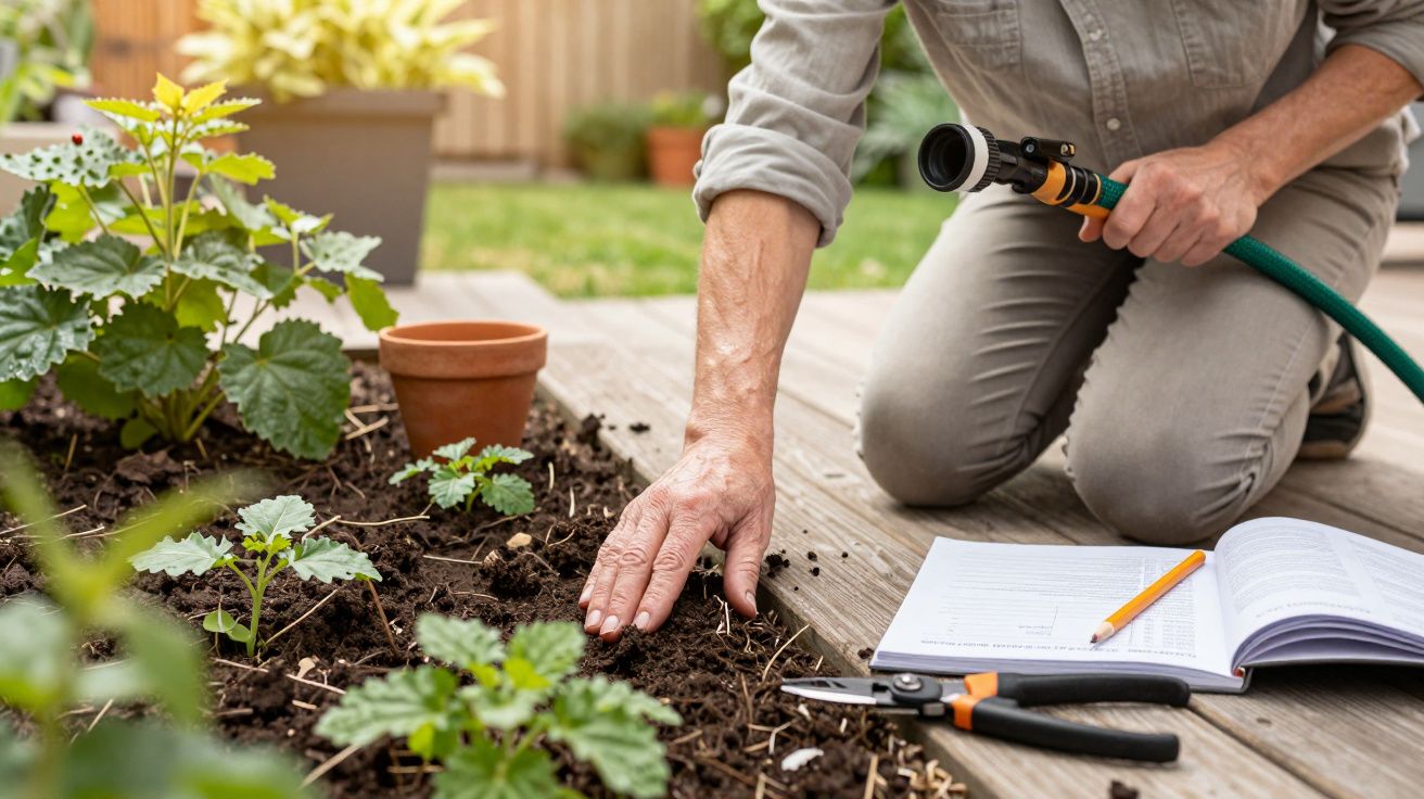 Pessoa a jardinar, regando plantas novas com uma mangueira, com um caderno e tesoura de poda ao lado.