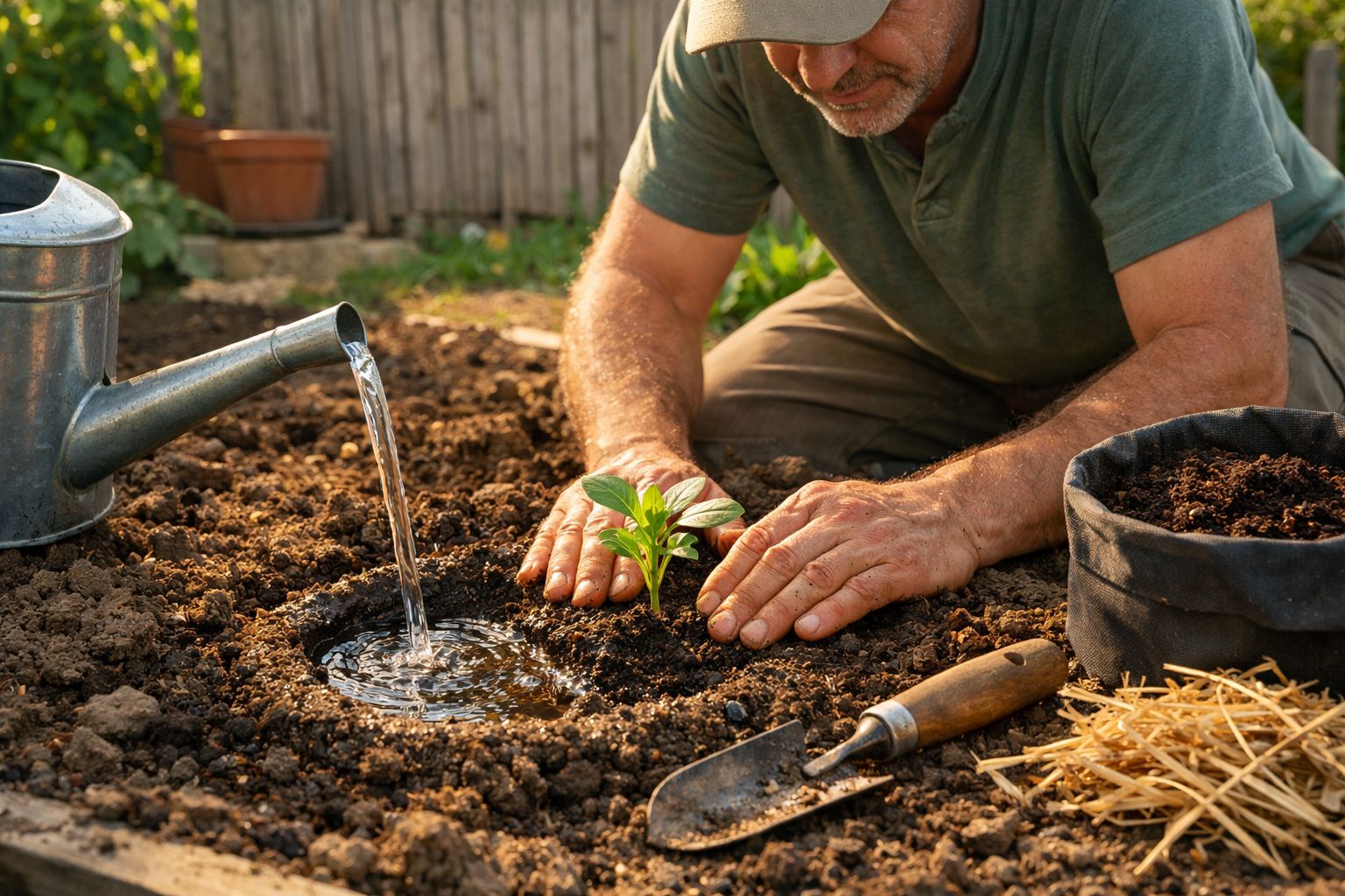 Homem a regar uma planta jovem no jardim, rodeado de ferramentas agrícolas e palha.