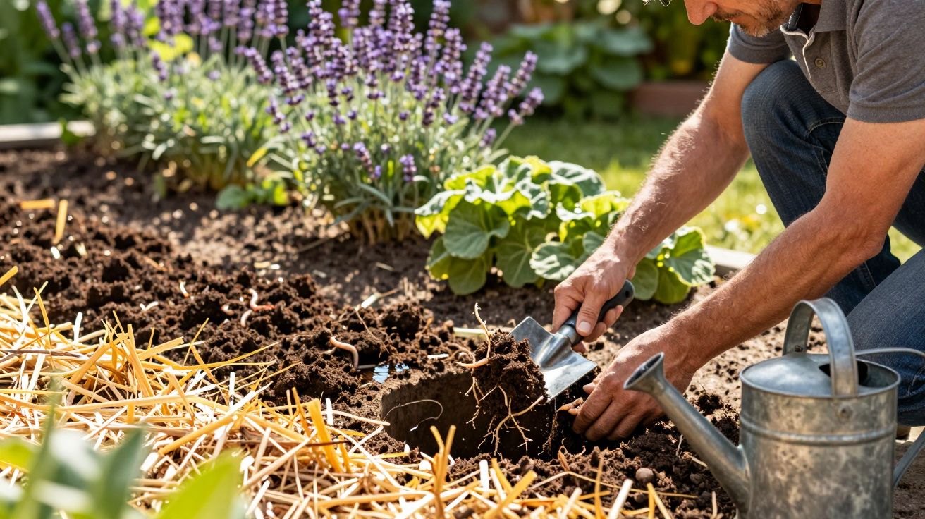 Homem de joelhos a jardinar, a plantar numa horta, com regador e alfazema ao fundo.