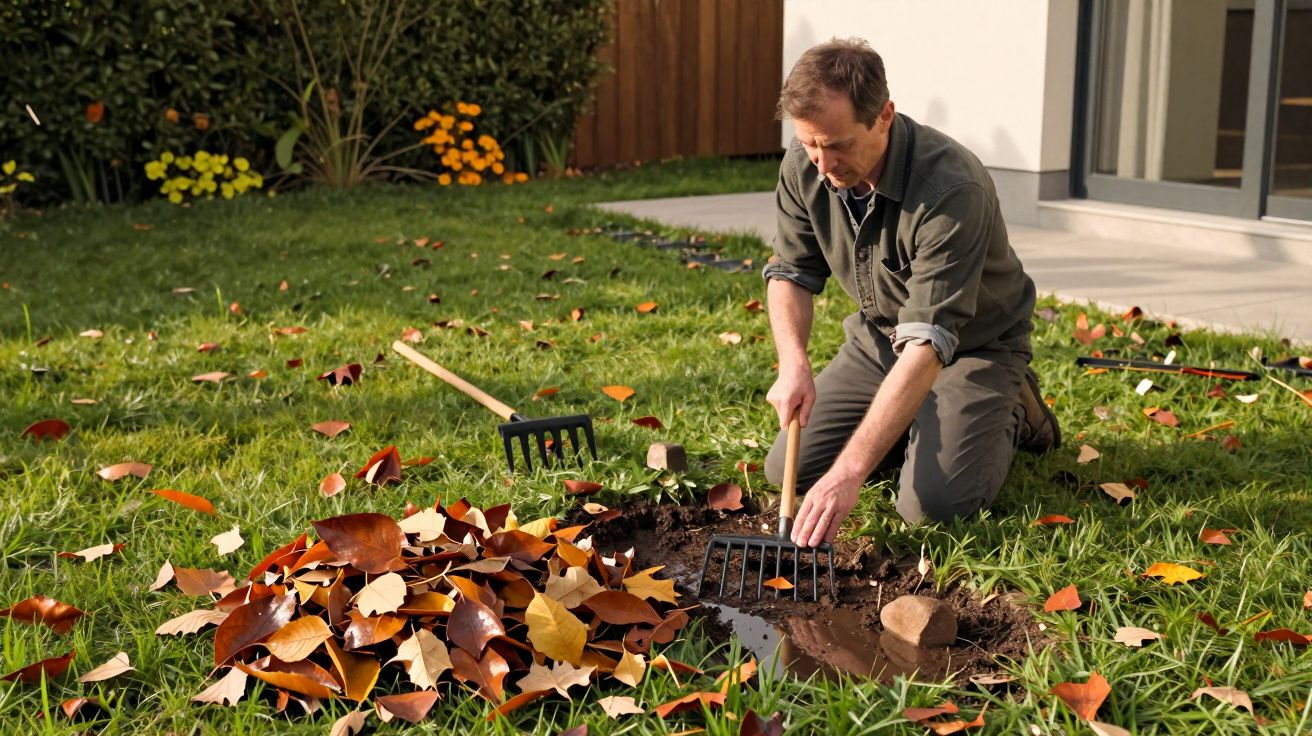 Homem ajoelhado no relvado, a limpar folhas e lama junto a uma grelha de drenagem no jardim.