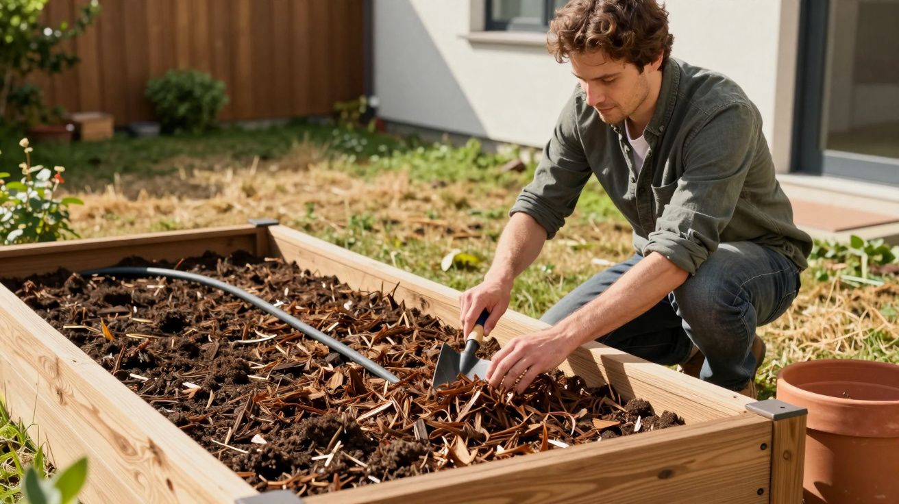 Homem debruçado sobre horta elevada, usando pá pequena, cercado por folhagem, no jardim de uma casa.