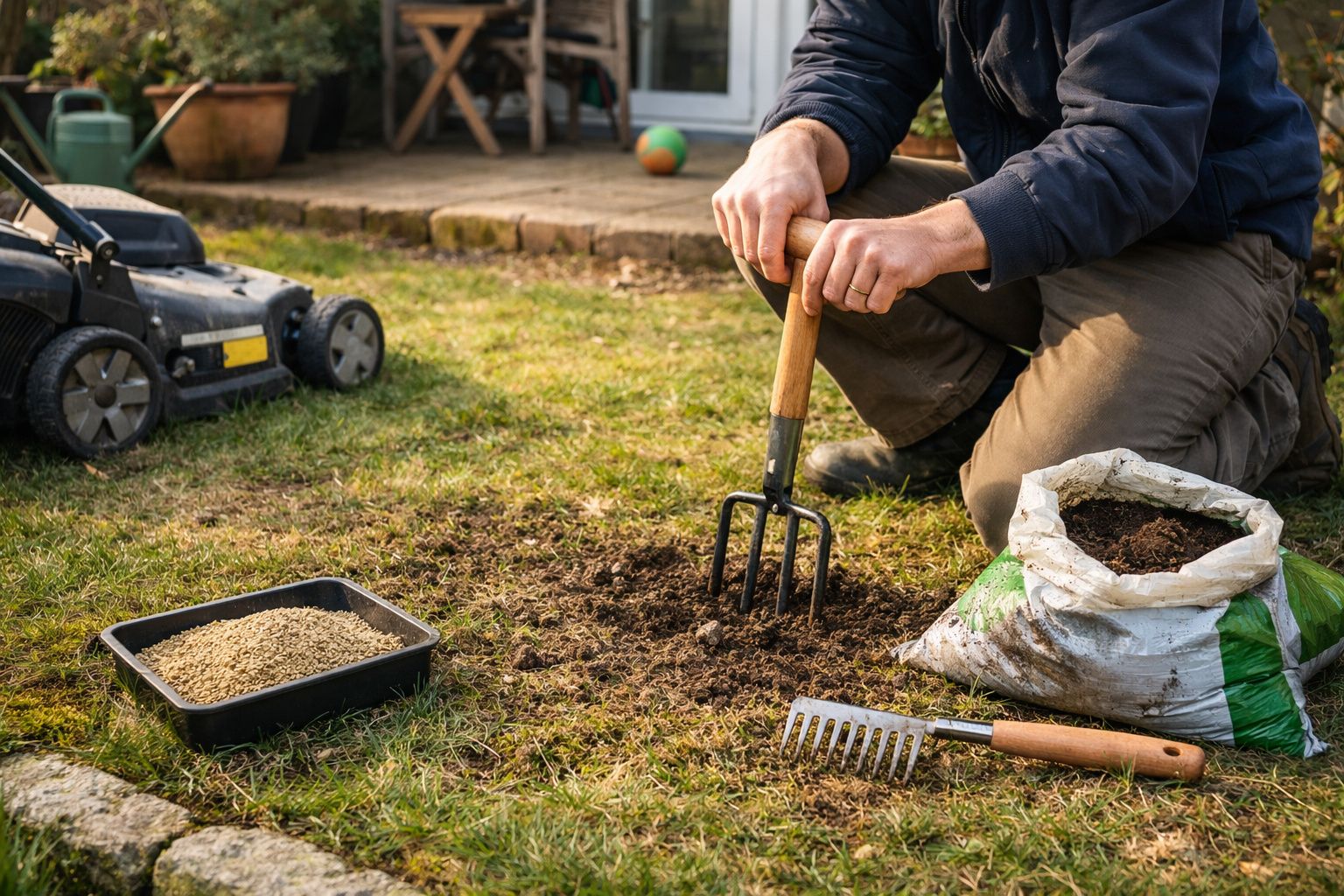 Pessoa a plantar num jardim, usando uma forquilha para cavar terra ao lado de um saco de composto e um ancinho.