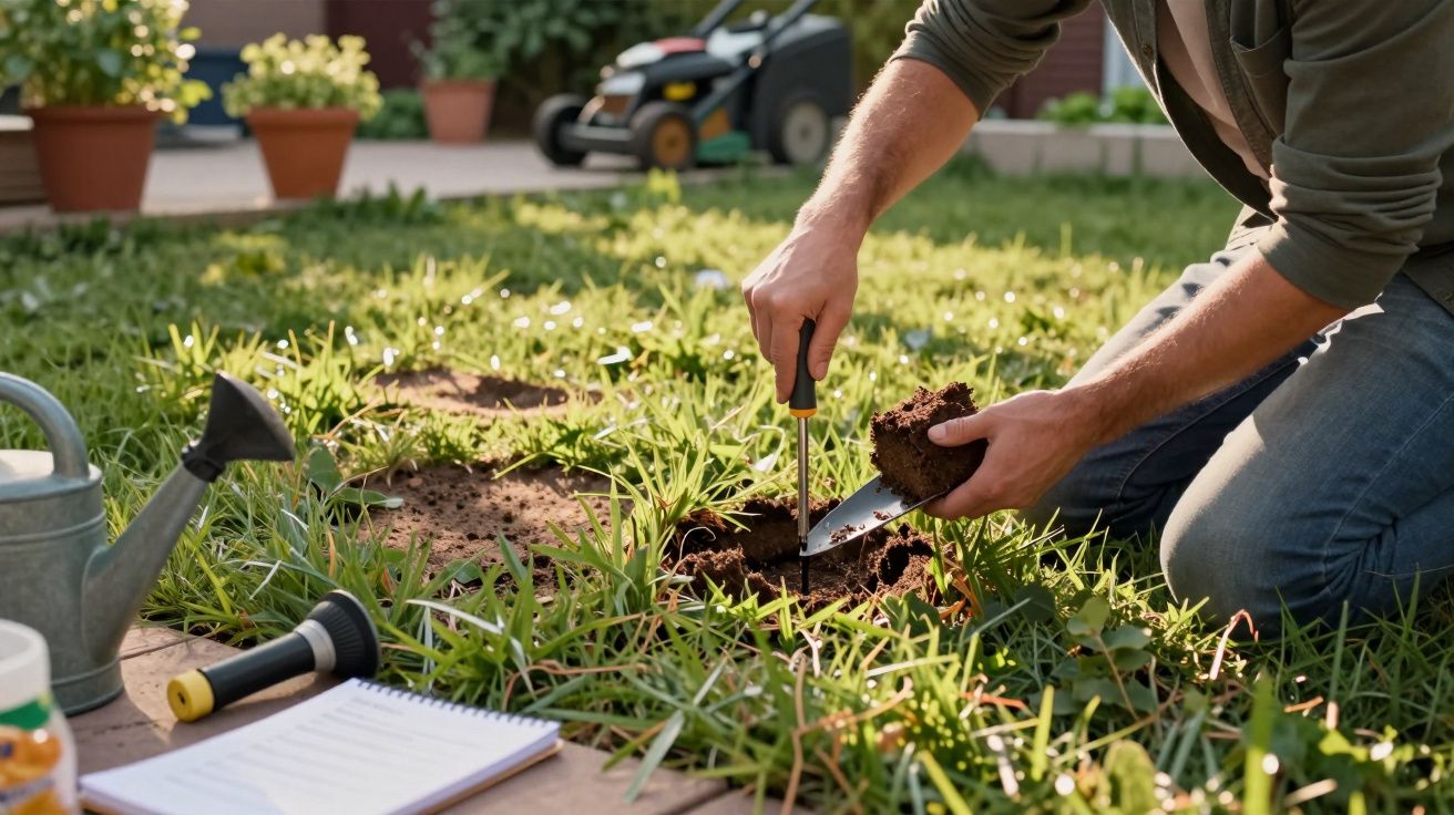 Pessoa a cavar a relva com uma pá pequena, rodeada de objetos de jardinagem, incluindo um regador e um caderno.