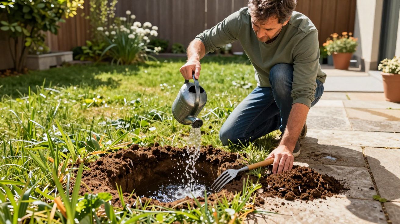 Homem a regar buraco num jardim com um regador, preparando terreno para plantação.