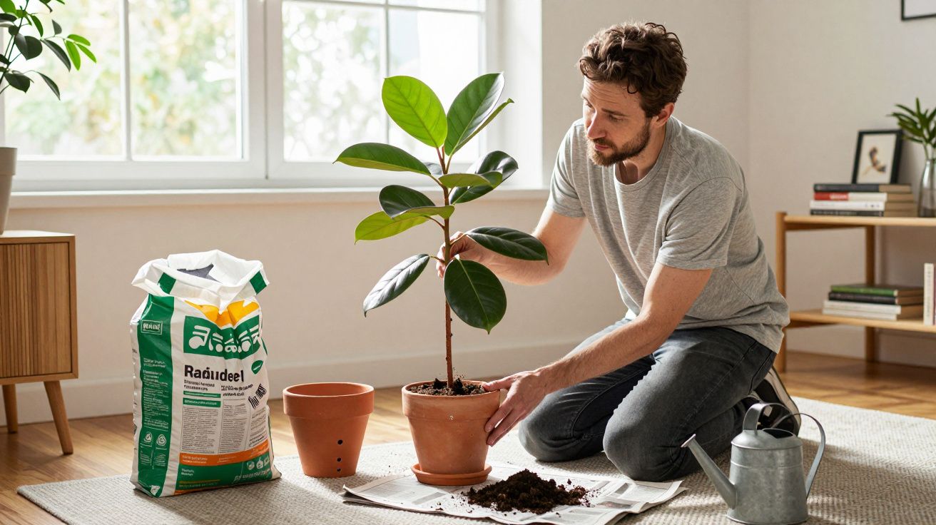 Homem a plantar uma planta em vaso, com saco de terra ao lado, ajoelhado no chão de sala iluminada.