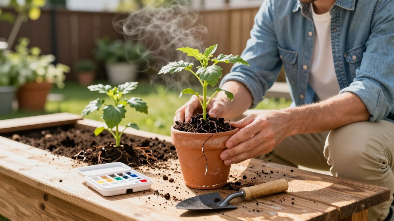 Homem plantando muda em vaso de barro num jardim, com ferramentas de jardinagem e tintas ao lado.