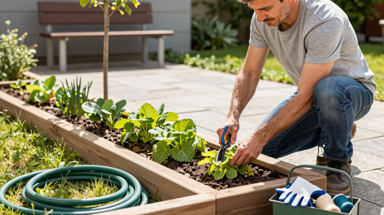Homem a podar plantas num canteiro de madeira no jardim, com mangueira e ferramentas de jardinagem perto.
