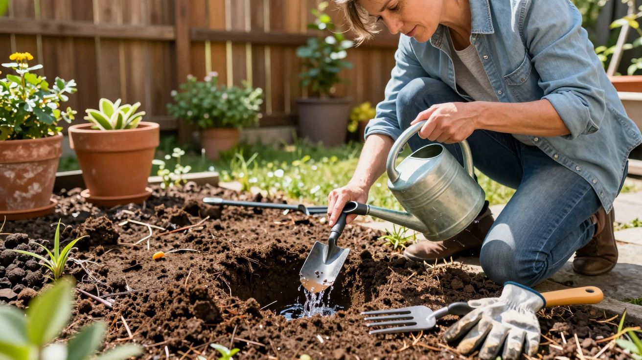 Mulher rega buraco no jardim com regador, cercada por vasos e ferramentas de jardinagem.