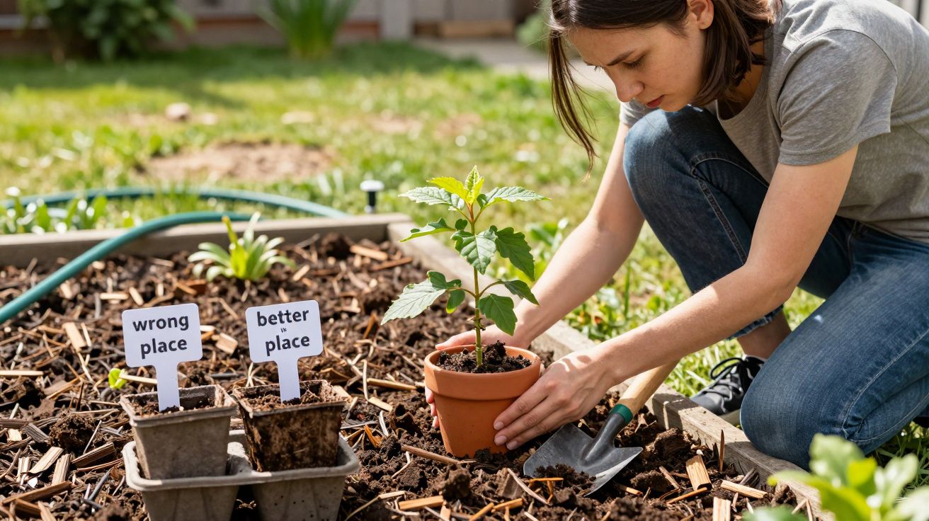 Mulher a plantar numa horta, com rótulos indicando "wrong place" e "better place" em vasos de plantas.