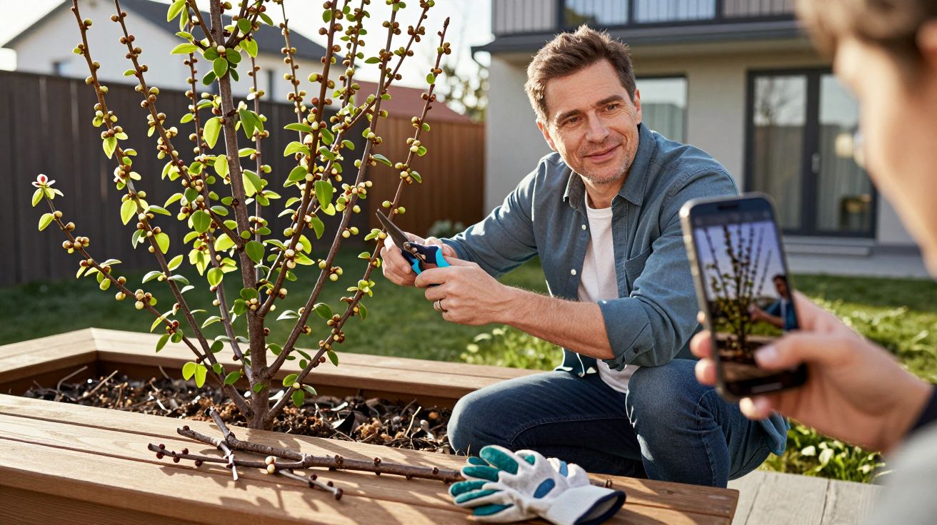 Homem a podar arbusto num jardim, enquanto outra pessoa tira foto com smartphone.