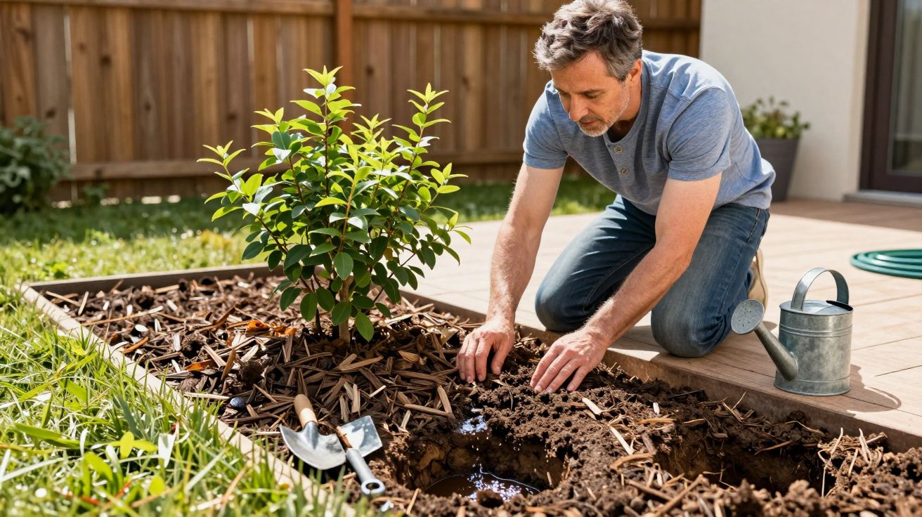 Homem plantando arbusto num jardim, com ferramentas e regador ao lado.