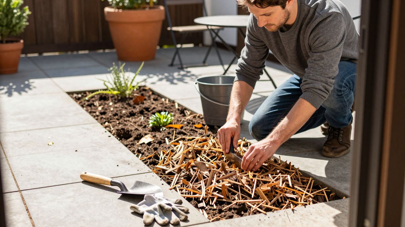 Homem a jardinar, colocando cobertura morta num canteiro ao ar livre, com ferramentas de jardim ao lado.