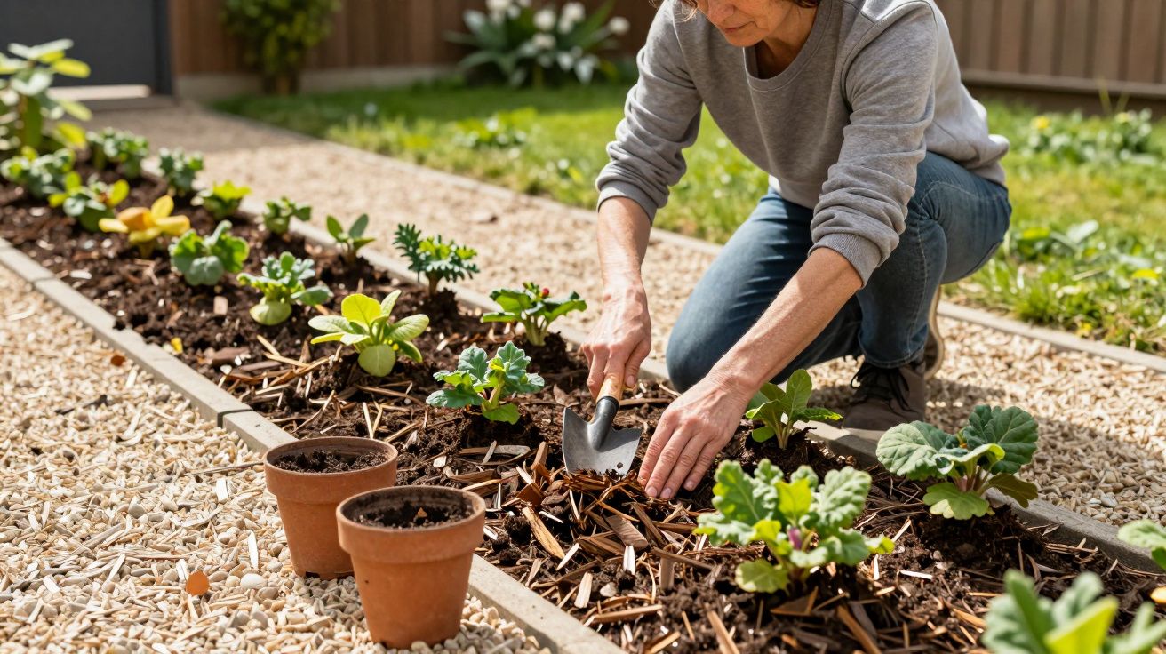 Pessoa a plantar mudas num canteiro de jardim, rodeada por vasos de barro e gravilha.