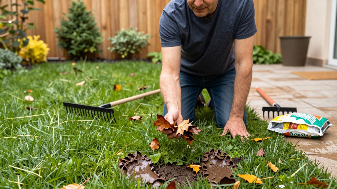 Homem a limpar folhas no jardim, ajoelhado na relva, com ferramentas de jardinagem ao lado.