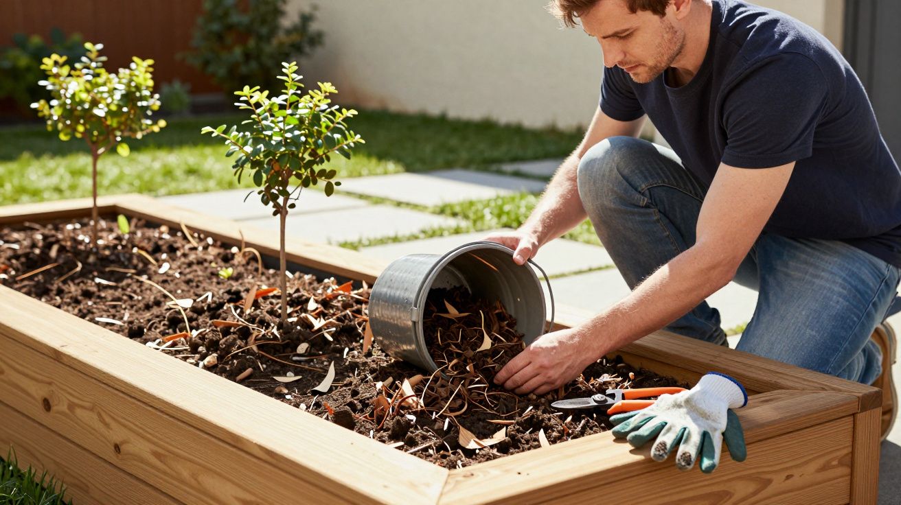 Homem a jardinar, colocando terra numa horta elevada de madeira, com árvores jovens e ferramentas ao lado.