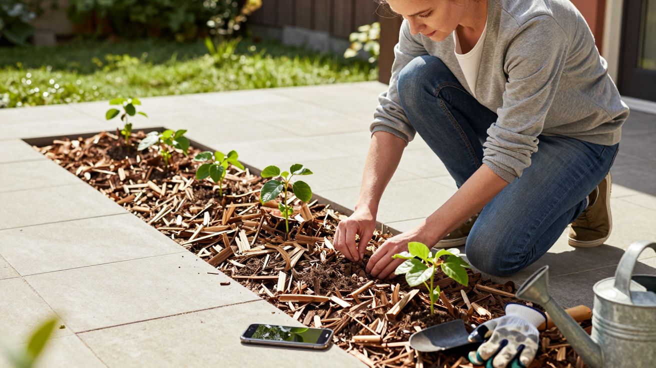 Pessoa a plantar num canteiro, junto a ferramentas de jardinagem, regador e smartphone num jardim durante o dia.
