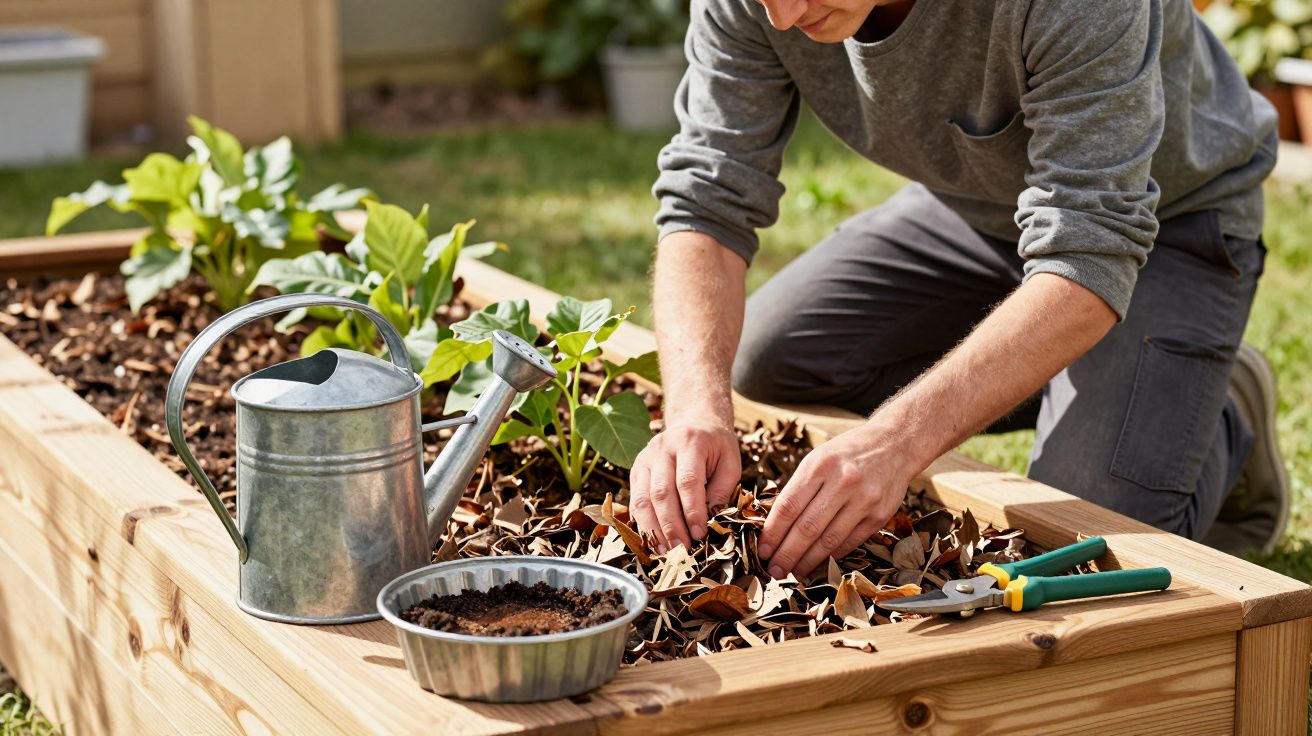 Pessoa a jardinar em canteiro elevado, com regador, tesouras e plantas ao redor.