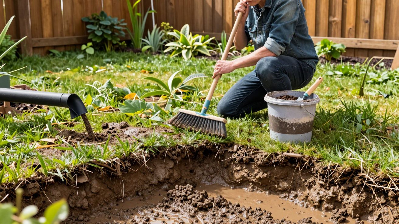 Pessoa a cavar buraco no jardim com lama e balde ao lado, rodeada por plantas e cerca de madeira.