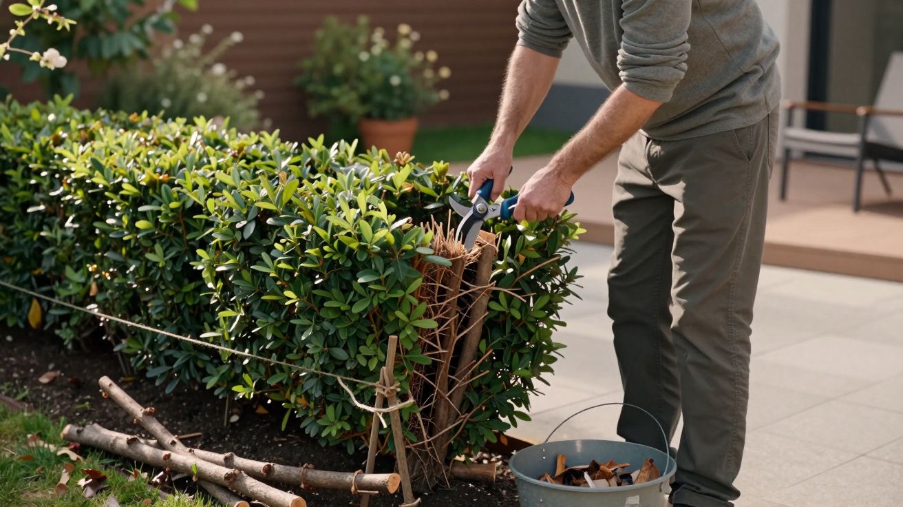 Pessoa a podar arbusto verde com tesoura de jardinagem, rodeado de ramos caídos e balde no chão.