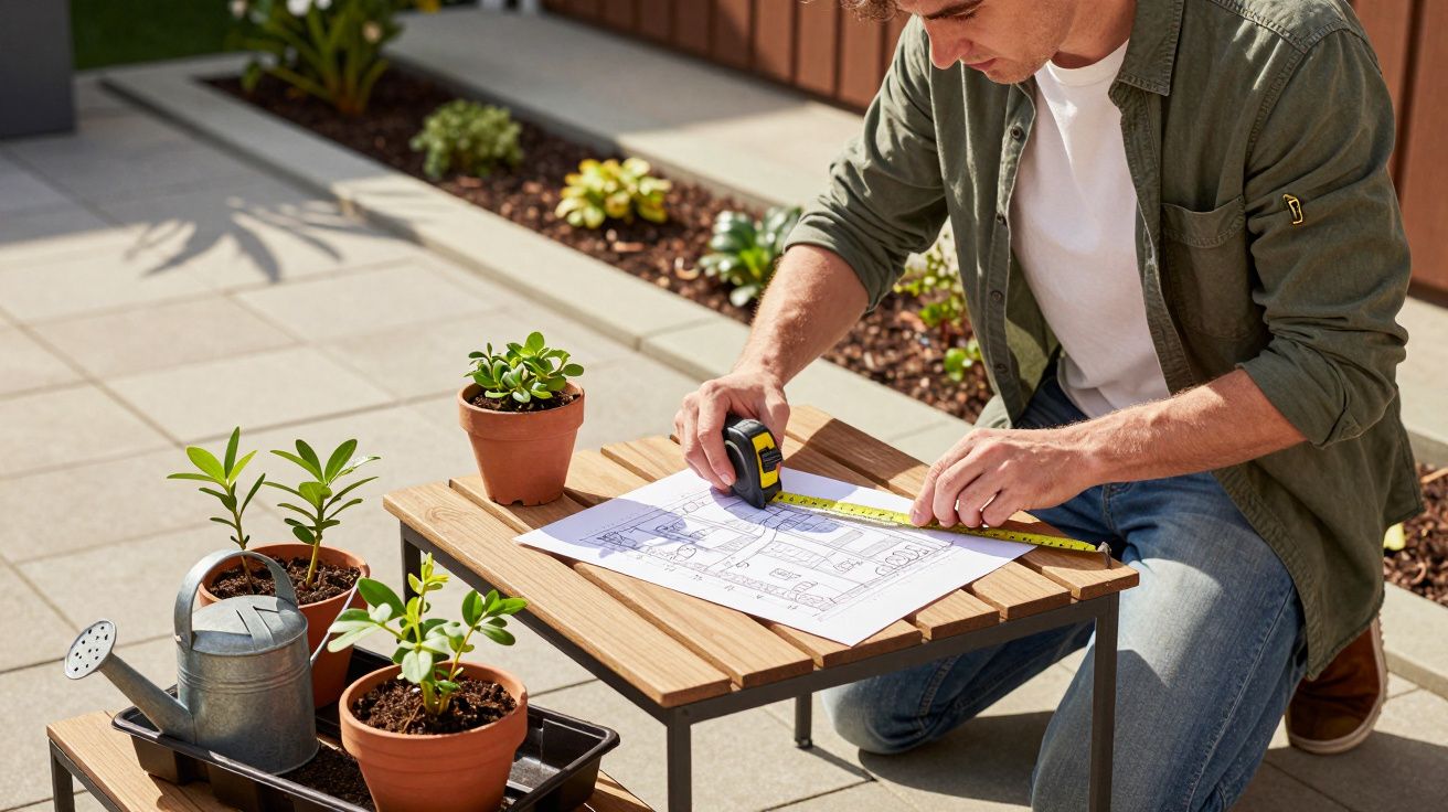 Homem medindo papel com fita métrica em mesa de madeira, rodeado por plantas em vasos e regador num jardim.