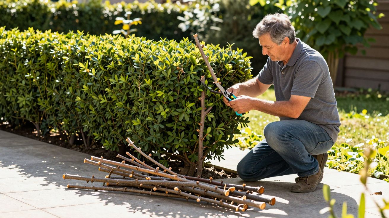 Homem a podar arbustos no jardim, ajoelhado no relvado em frente a uma sebe, rodeado por ramos cortados.