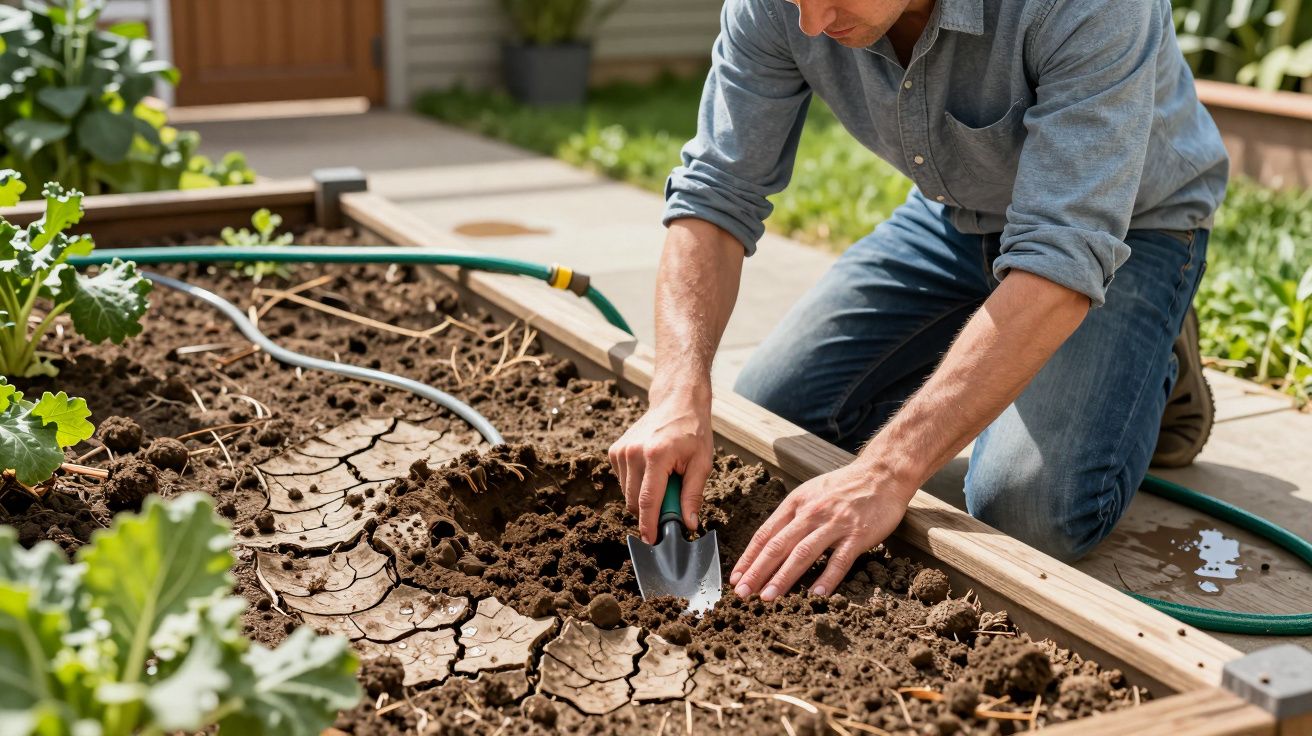 Homem de joelhos a jardinar, usando pá pequena para cavar terra seca em canteiro. Mangueira verde ao lado.