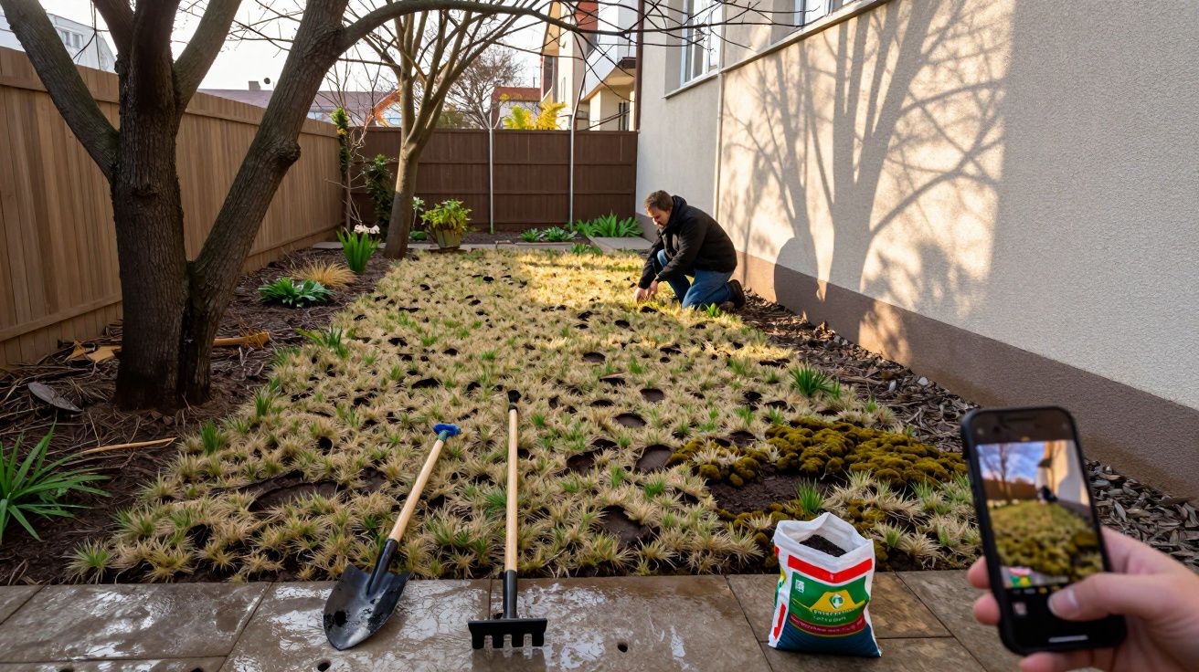 Pessoa a cuidar de um jardim, com ferramentas de jardinagem no chão e outra pessoa a tirar uma foto com telemóvel.