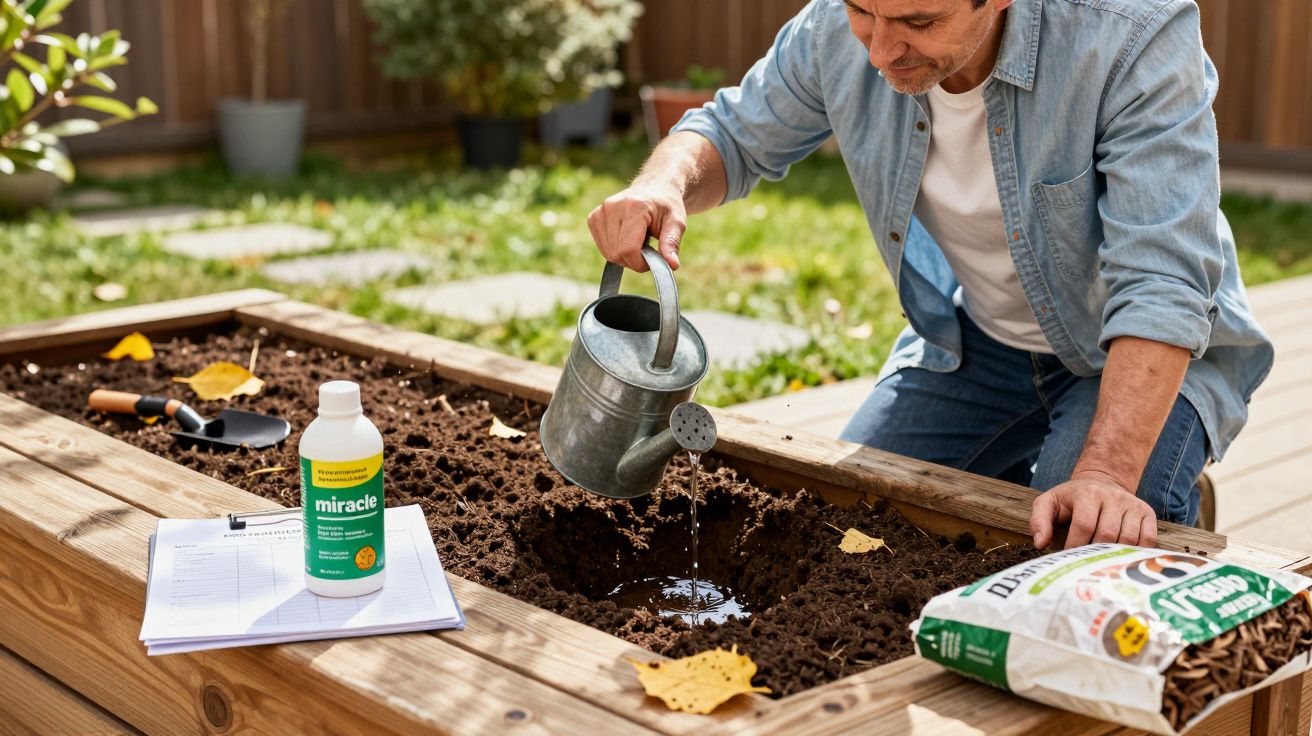 Homem rega canteiro elevado num jardim, com adubo, garrafa de fertilizante e caderno ao lado.