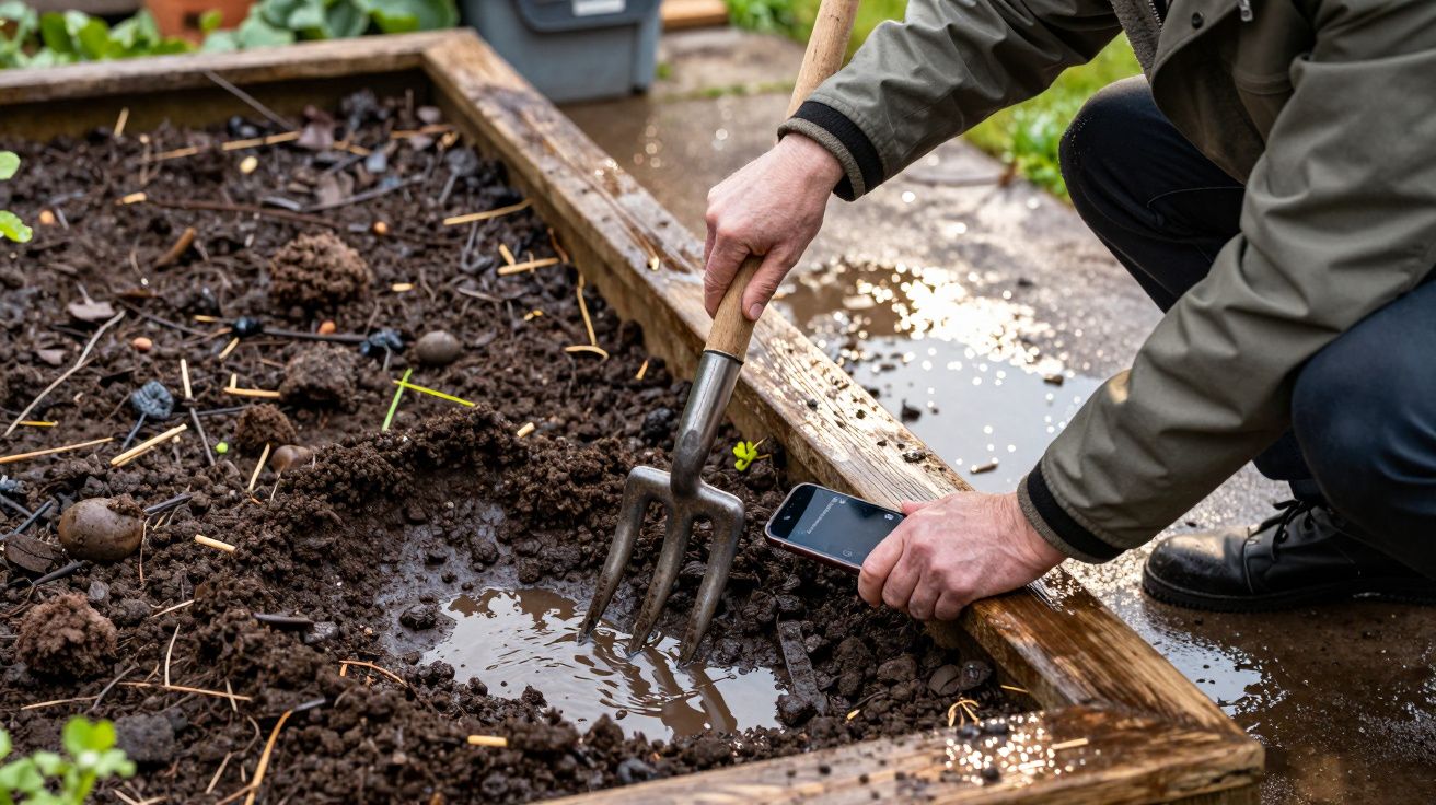 Pessoa ajoelhada prepara terra com garfo de jardim em canteiro molhado enquanto segura telemóvel.