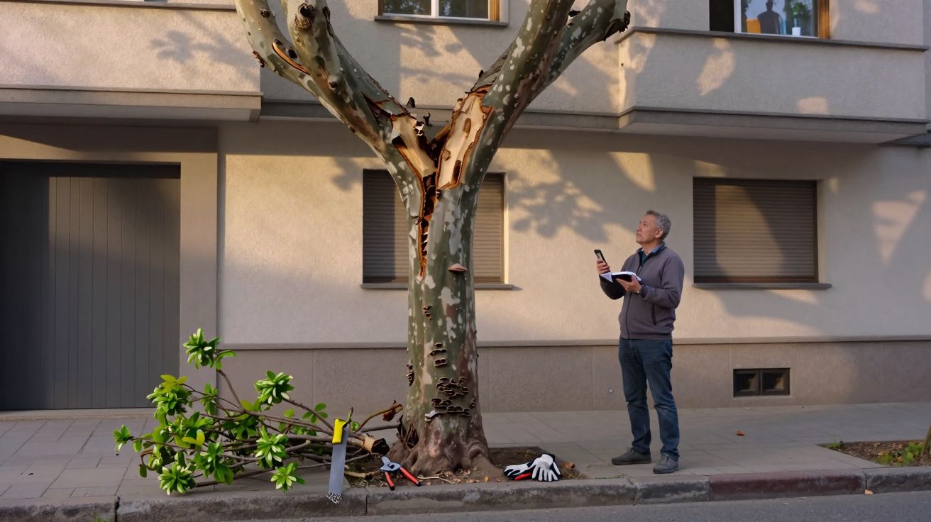 Homem observa árvore danificada na calçada com ferramentas e ramo caído no chão.
