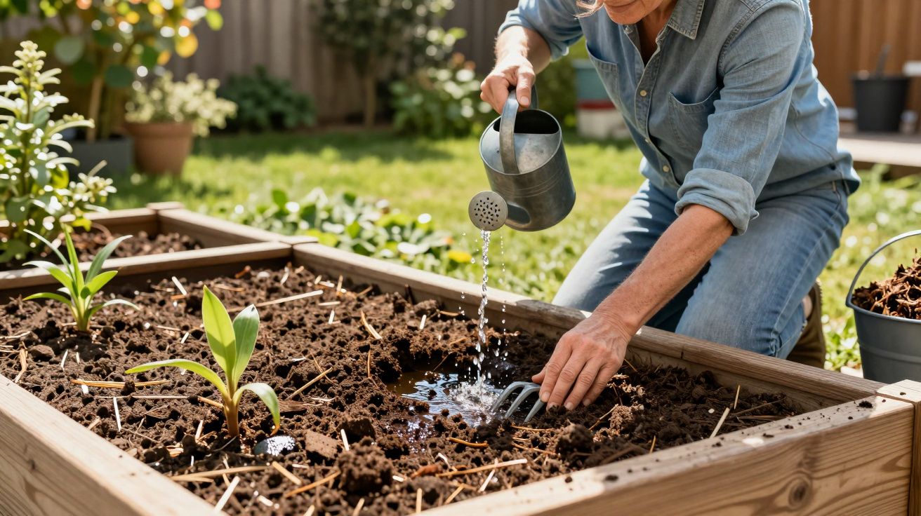 Pessoa a regar plantas num canteiro elevado, usando um regador de metal.
