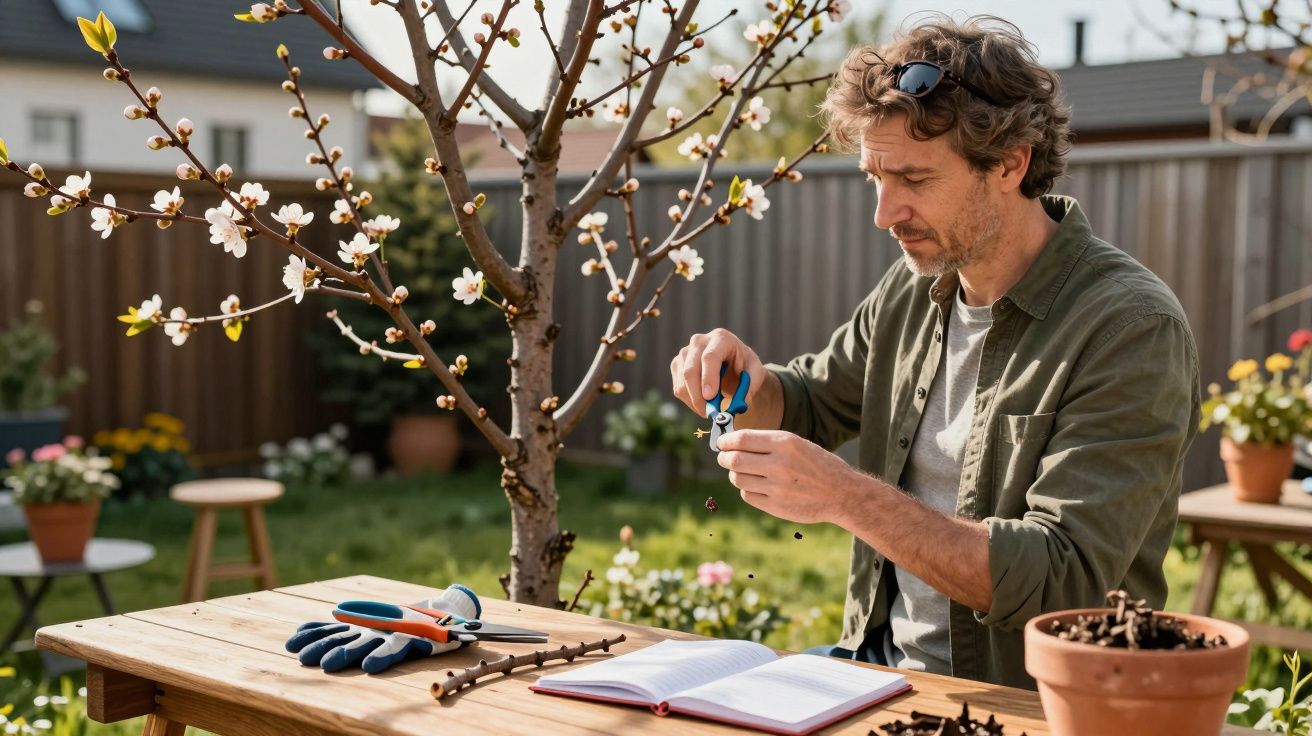 Homem cuidando de árvore em flor num jardim, usando uma tesoura de jardim, com luvas e livro sobre a mesa.