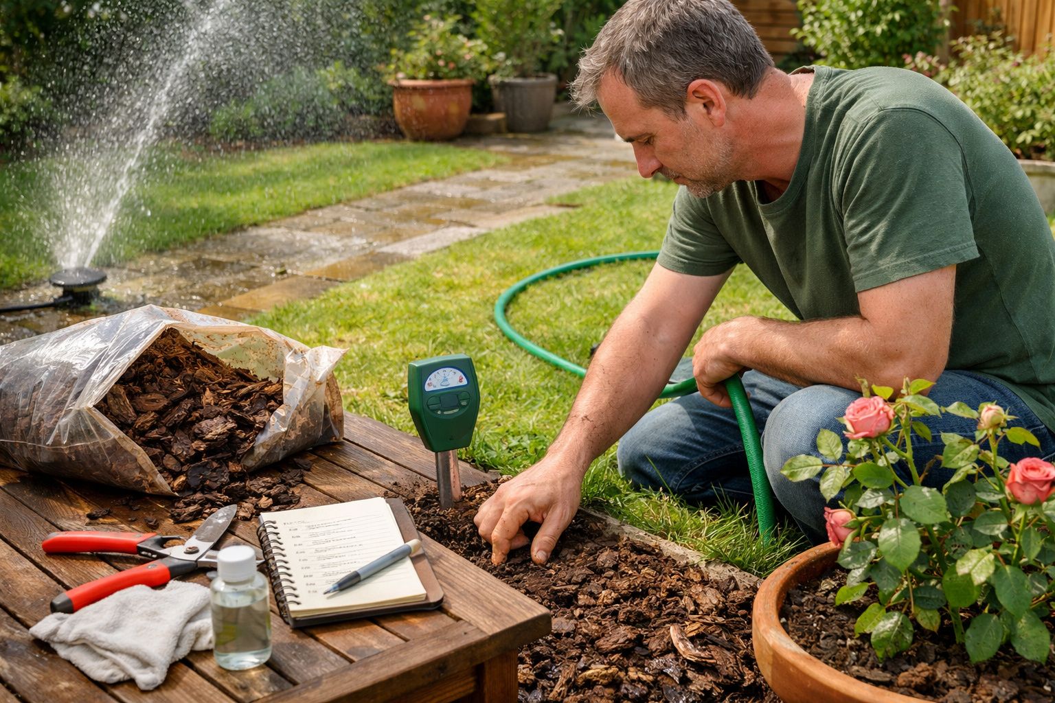 Homem a cuidar de um jardim com flores, medidor de solo e notas sobre uma mesa, enquanto o aspersor rega.