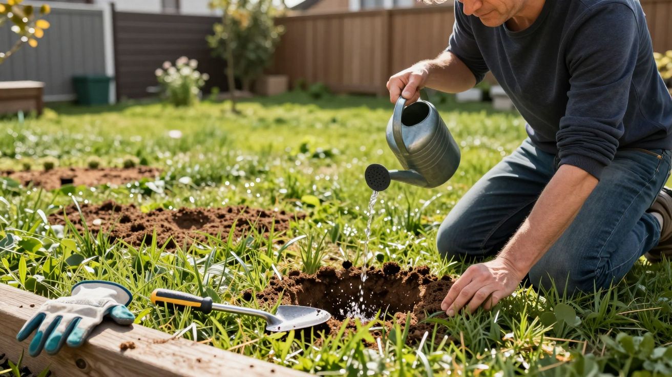 Pessoa rega planta em horta, com luvas e ferramentas de jardinagem ao lado, num jardim ensolarado.