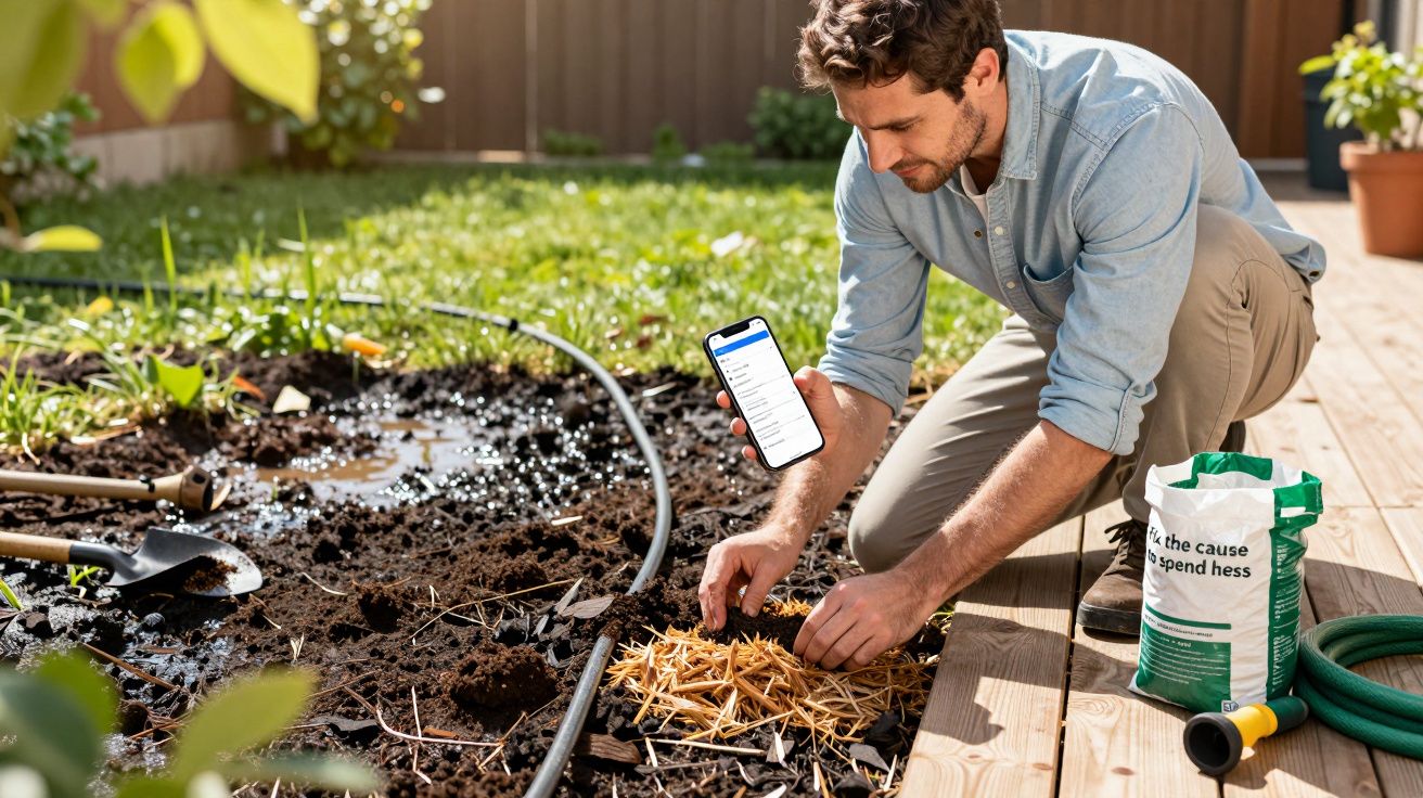 Homem jardinando ao lado de um smartphone, saco de terra e regador no chão.