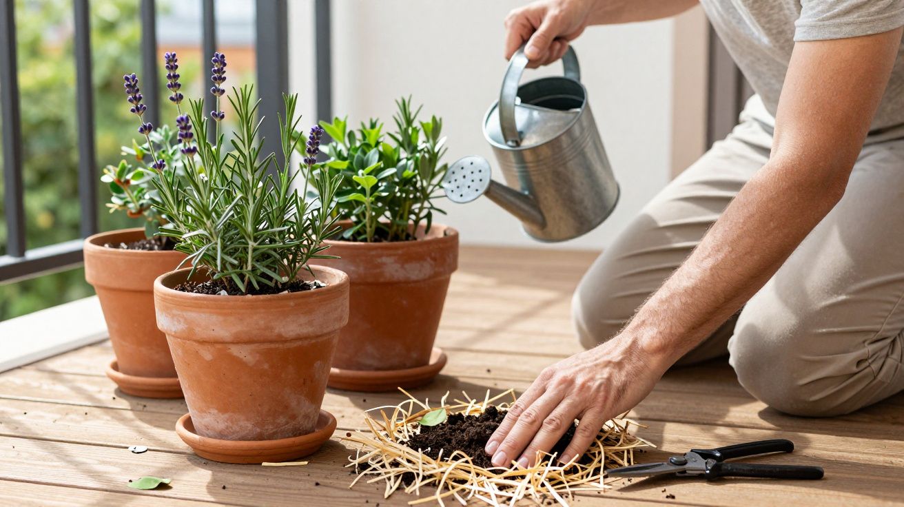Homem a regar plantas em vasos de terracota numa varanda com regador de metal.