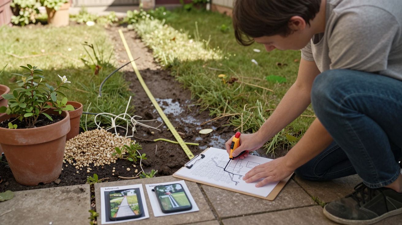 Pessoa ajoelhada no jardim, desenhando em prancheta, com fita métrica e plantas ao redor.