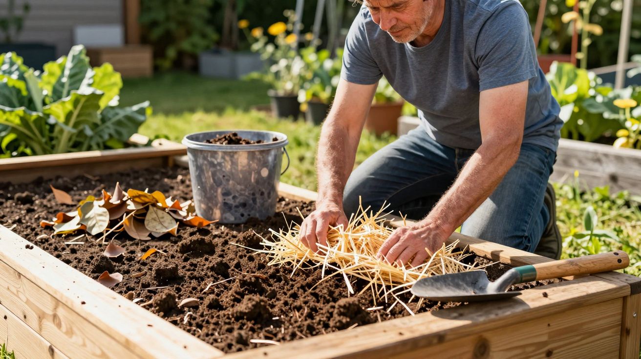 Homem a jardinar, colocando palha num canteiro elevado em um jardim com ferramentas e balde ao lado.
