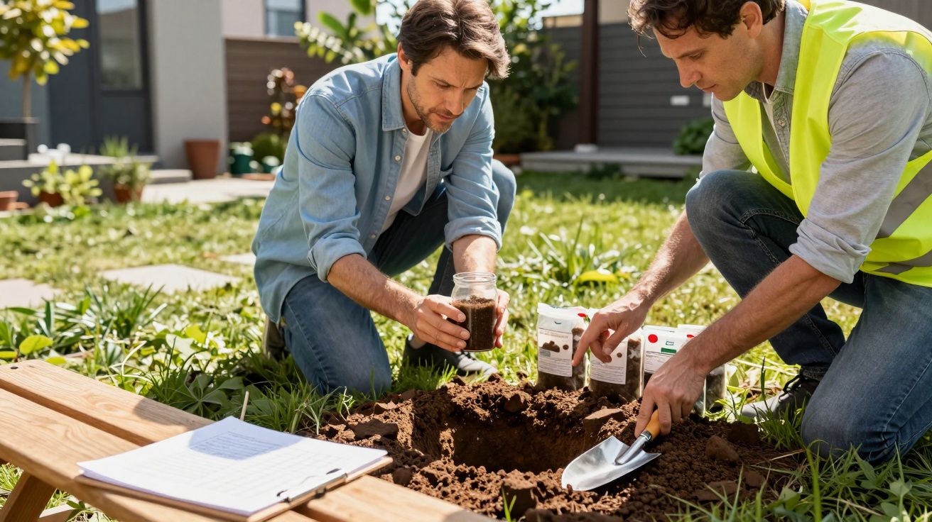 Dois homens analisam terra em jardim, um segura frasco de solo, o outro uma pá; mesa com caderno ao lado.