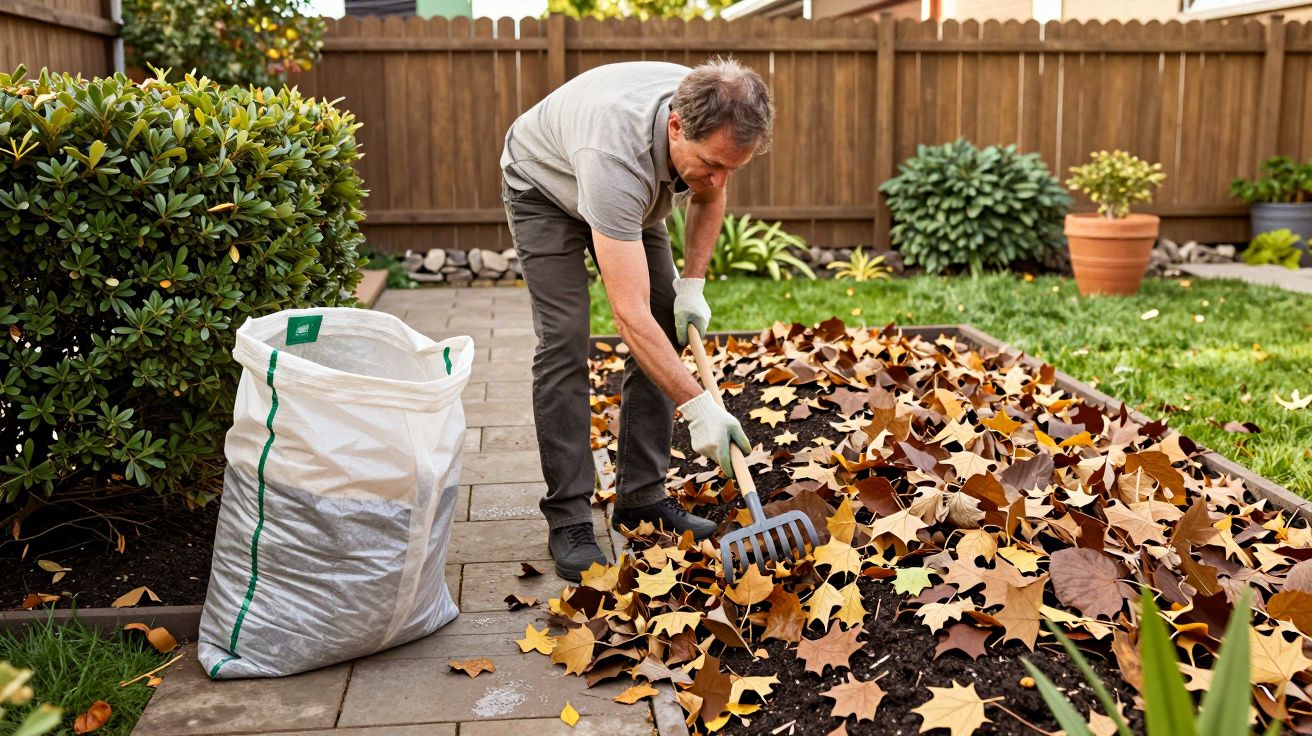 Homem a apanhar folhas caídas num jardim, usando um ancinho, ao lado de um saco branco para folhas.