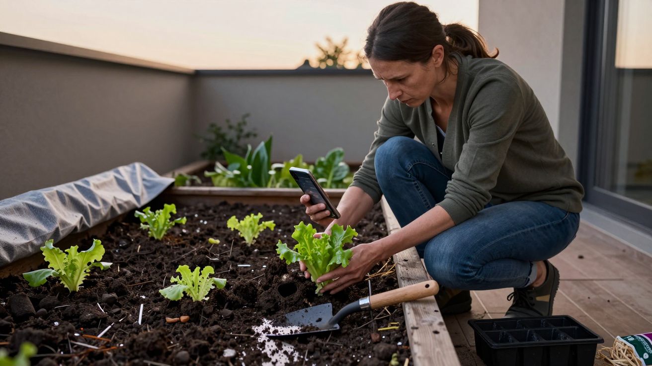 Mulher em varanda mexe na terra de horta enquanto usa smartphone; ao lado, pá e bandeja de mudas.
