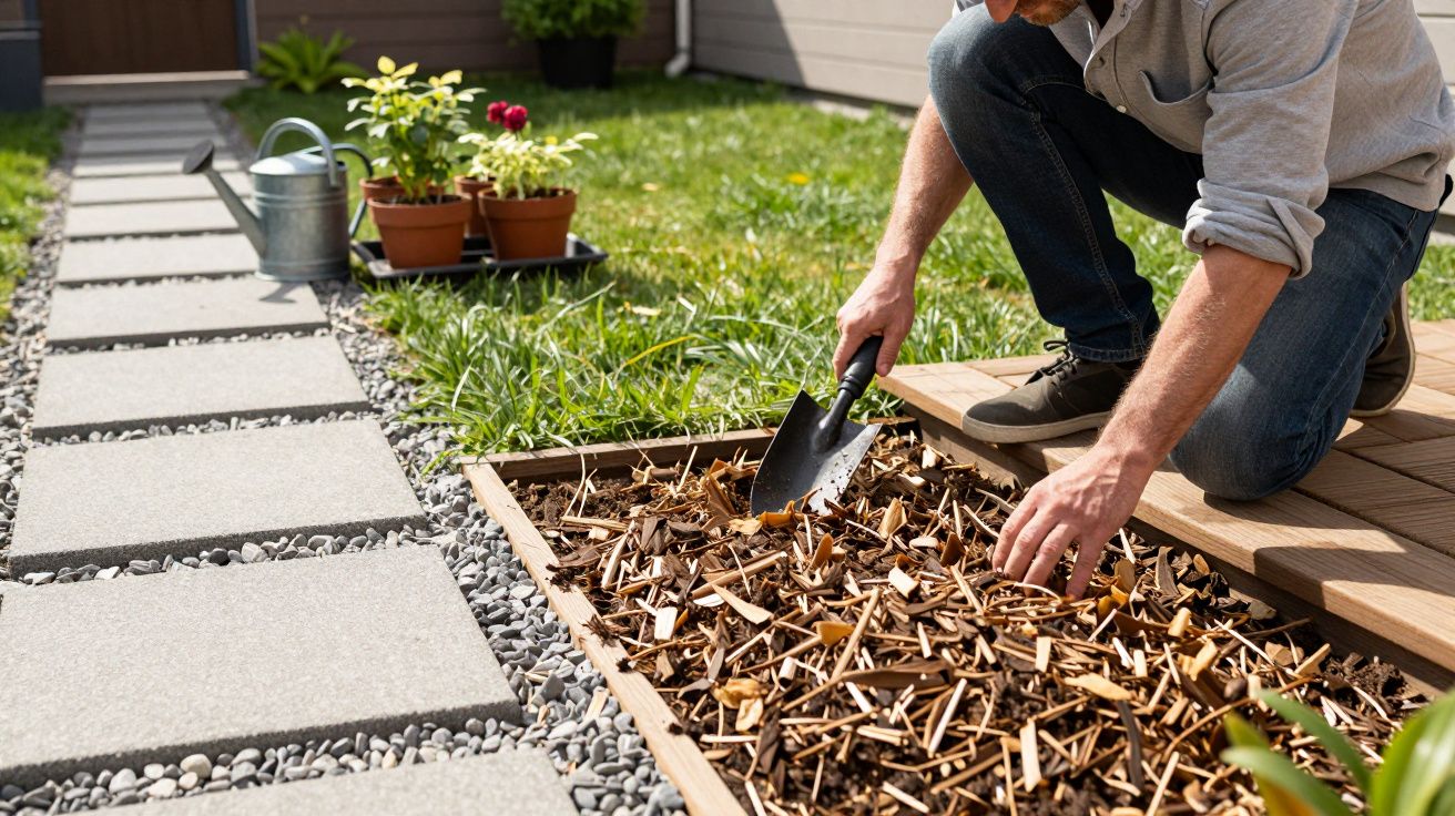 Homem a jardinar, usando uma pá para trabalhar o solo e cobertura morta num canteiro, jardim com relva e plantas ao fundo.