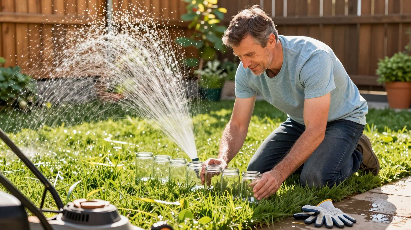 Homem ajoelha-se no jardim enquanto alinha frascos de vidro num relvado sob regador. Luvas colocadas ao lado.