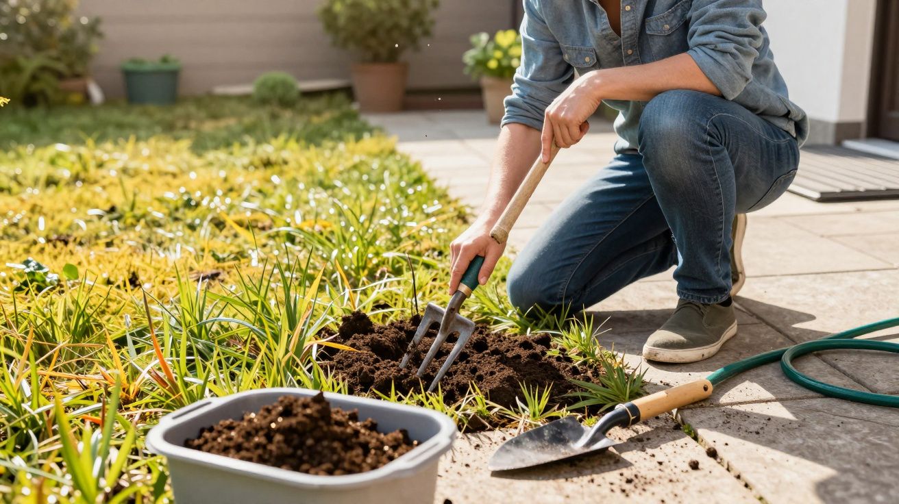 Pessoa ajoelhada a cavar terra num jardim com uma pá e ancinho, ao lado de uma mangueira e recipiente de terra.