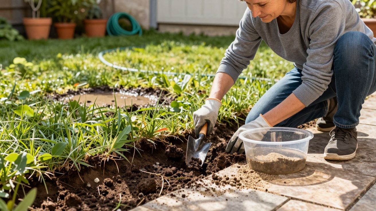 Mulher de cócoras a cavar no jardim, segurando uma pá e uma tigela de plástico, em ambiente ao ar livre.