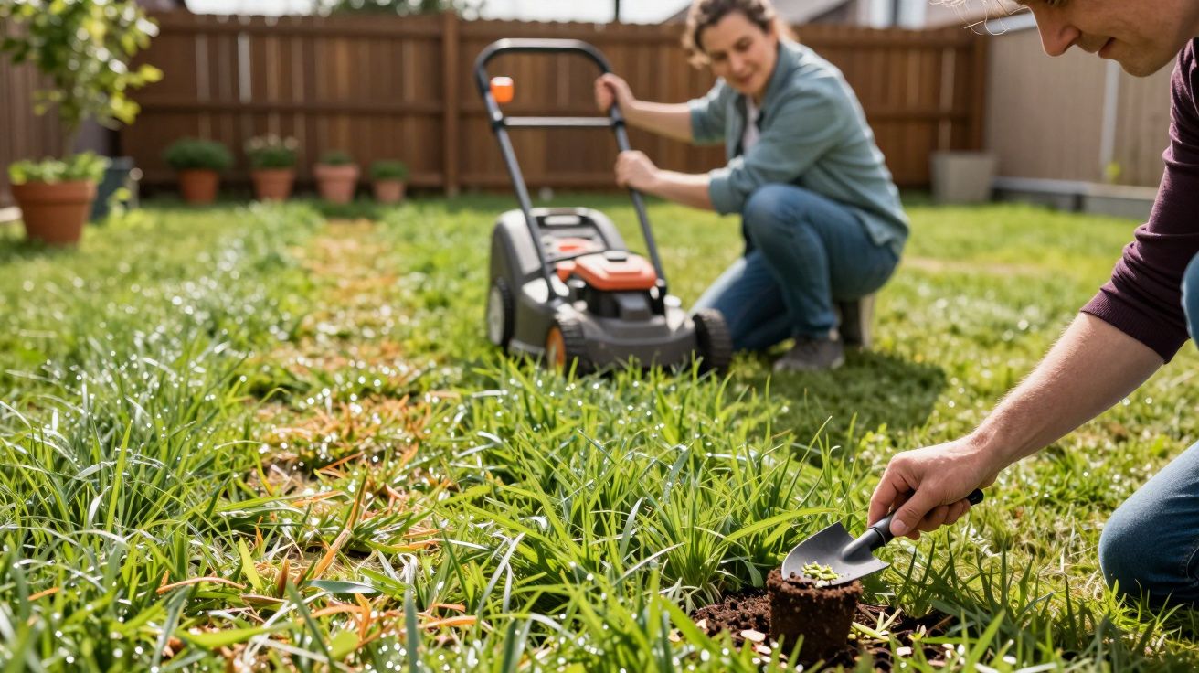 Homem a plantar no jardim, enquanto mulher corta a relva com cortador de relva ao fundo, num espaço cercado.