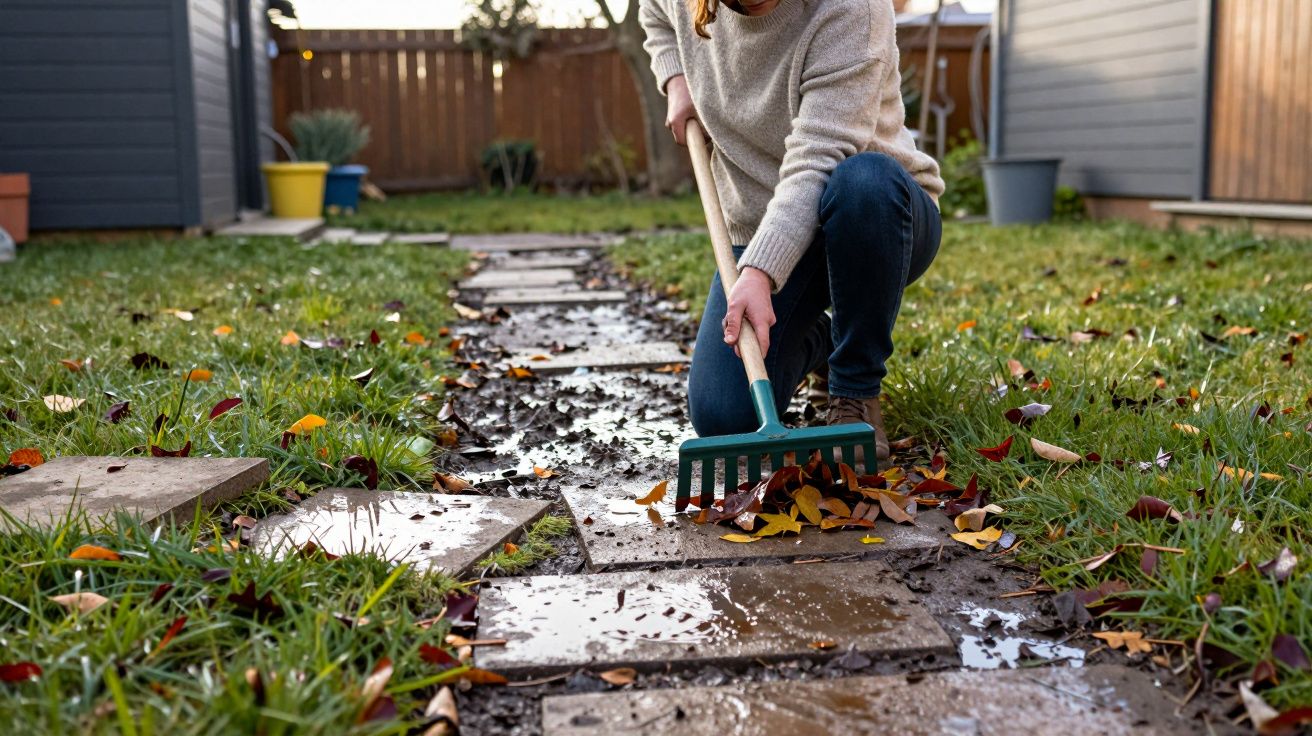 Pessoa a usar um ancinho para limpar folhas de um caminho de lajes num jardim molhado.