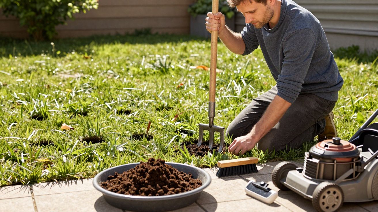Homem ajoelhado no jardim, usando uma enxada para cavar a terra. Máquina de cortar relva à direita.
